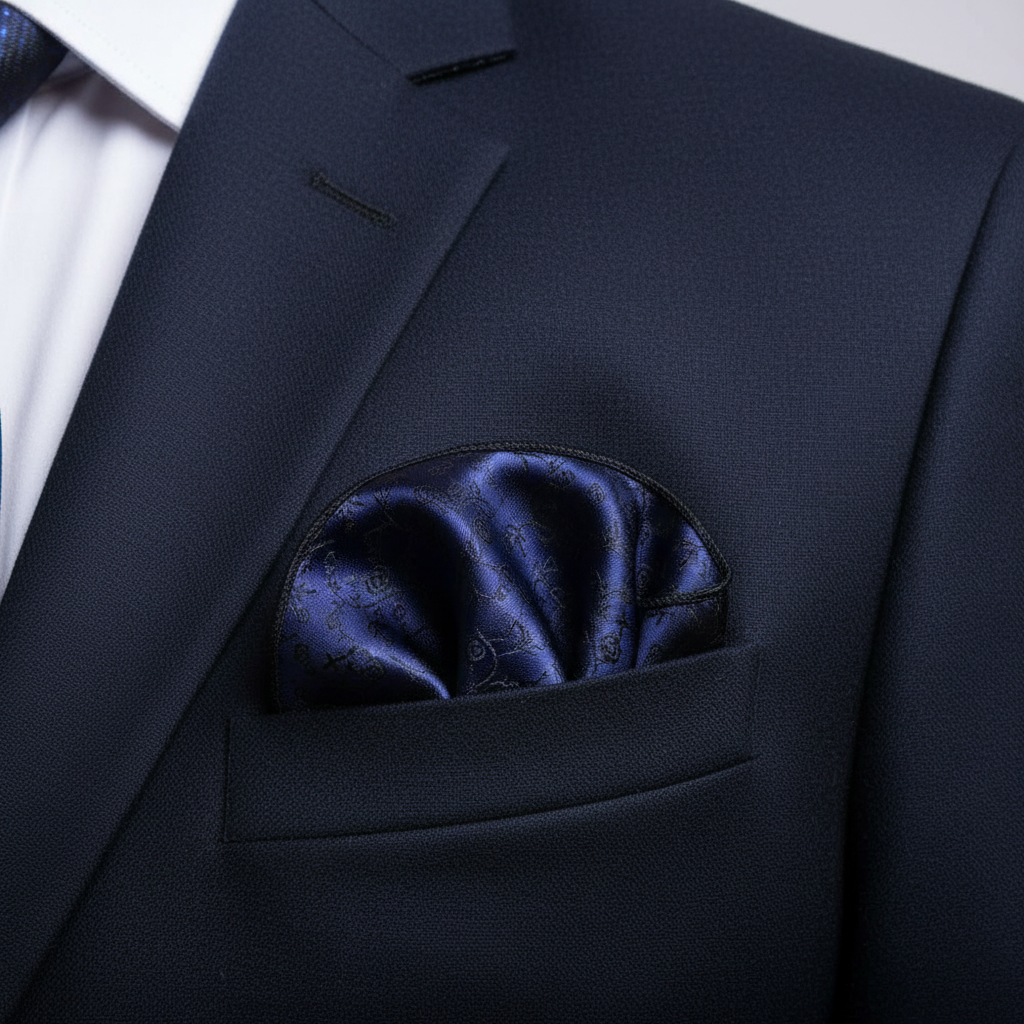 Pañuelo de Bolsillo Jacquard Azul Marino, llevado en el bolsillo de una chaqueta elegante