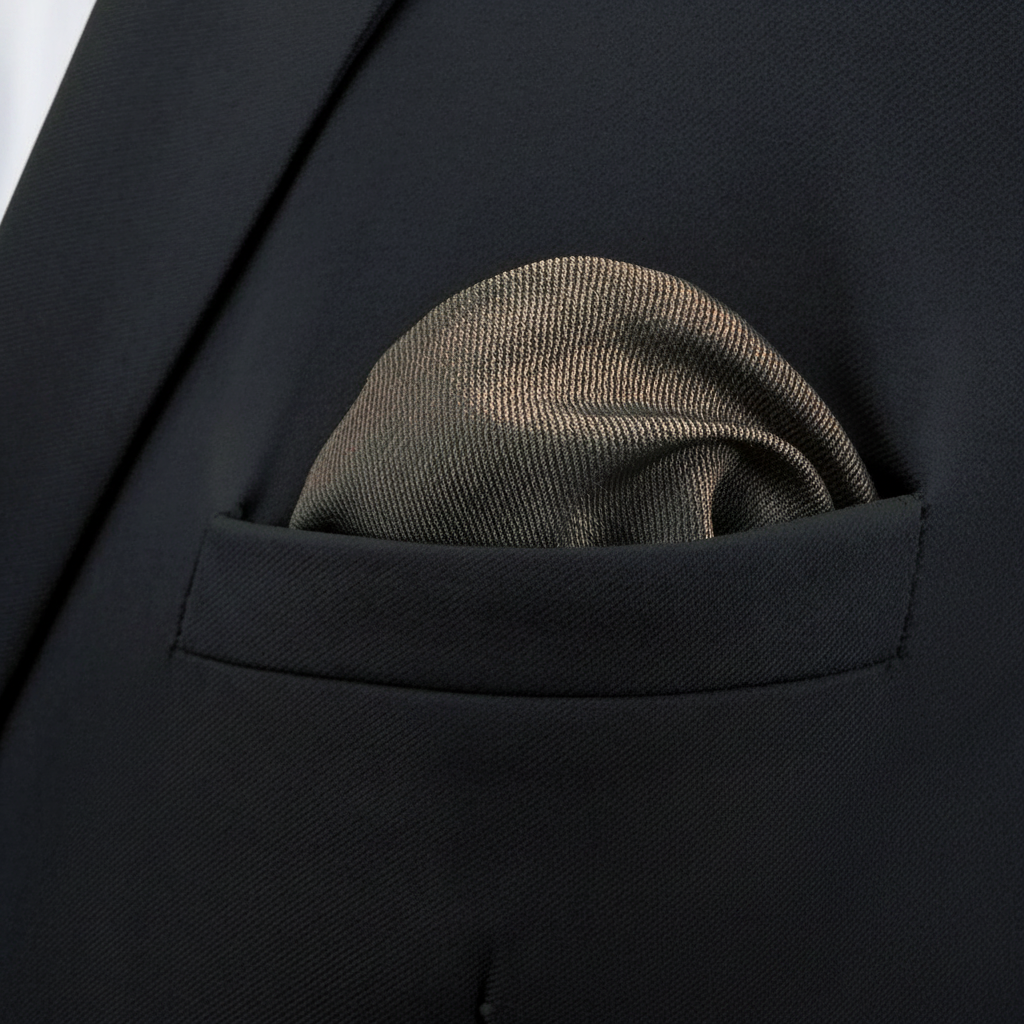 Pañuelo de Bolsillo Marrón, llevado en el bolsillo de una chaqueta elegante con acabado cuidado
