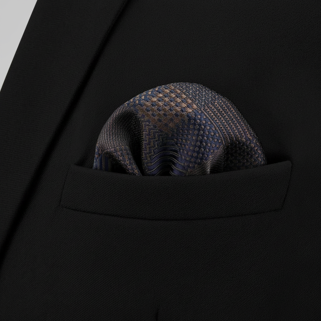 Pañuelo de Bolsillo Marrón, llevado en el bolsillo de una chaqueta elegante con acabado cuidado