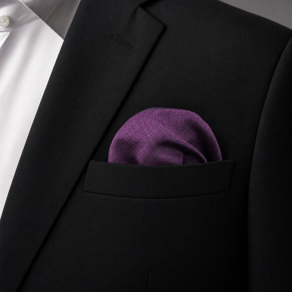 Pañuelo de Bolsillo Morado Liso, llevado en el bolsillo de una chaqueta elegante