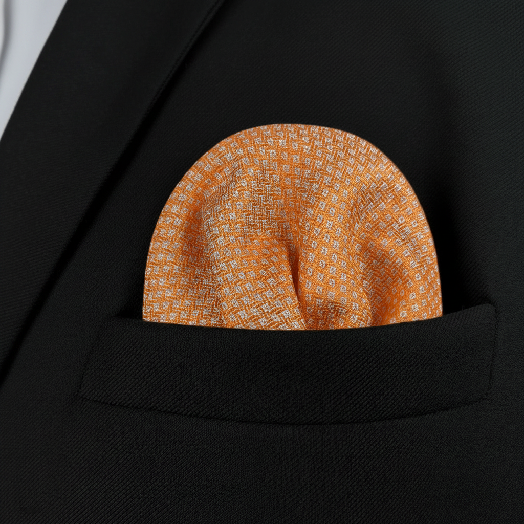 Pañuelo de Bolsillo Naranja, llevado en el bolsillo de una chaqueta elegante con acabado cuidado
