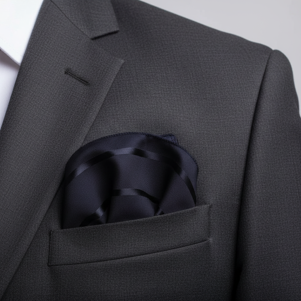 Pañuelo de Bolsillo Negro de Rayas, llevado en el bolsillo de una chaqueta elegante