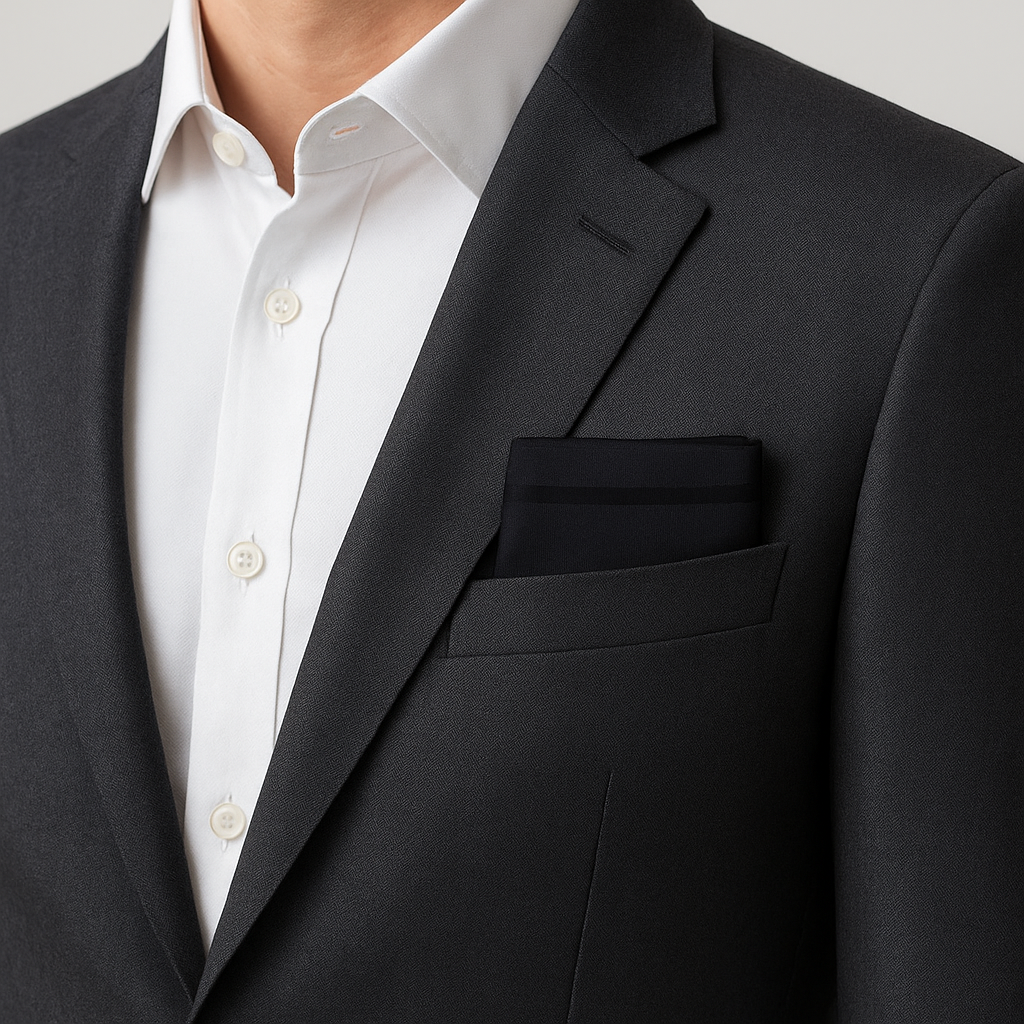 Pañuelo de Bolsillo Negro de Rayas, llevado en el bolsillo de una chaqueta elegante con acabado cuidado