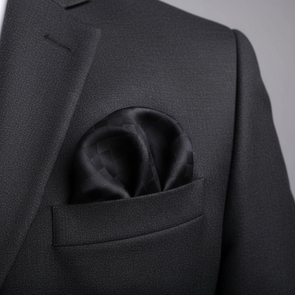 Pañuelo de Bolsillo Negro Paisley, llevado en el bolsillo de una chaqueta elegante