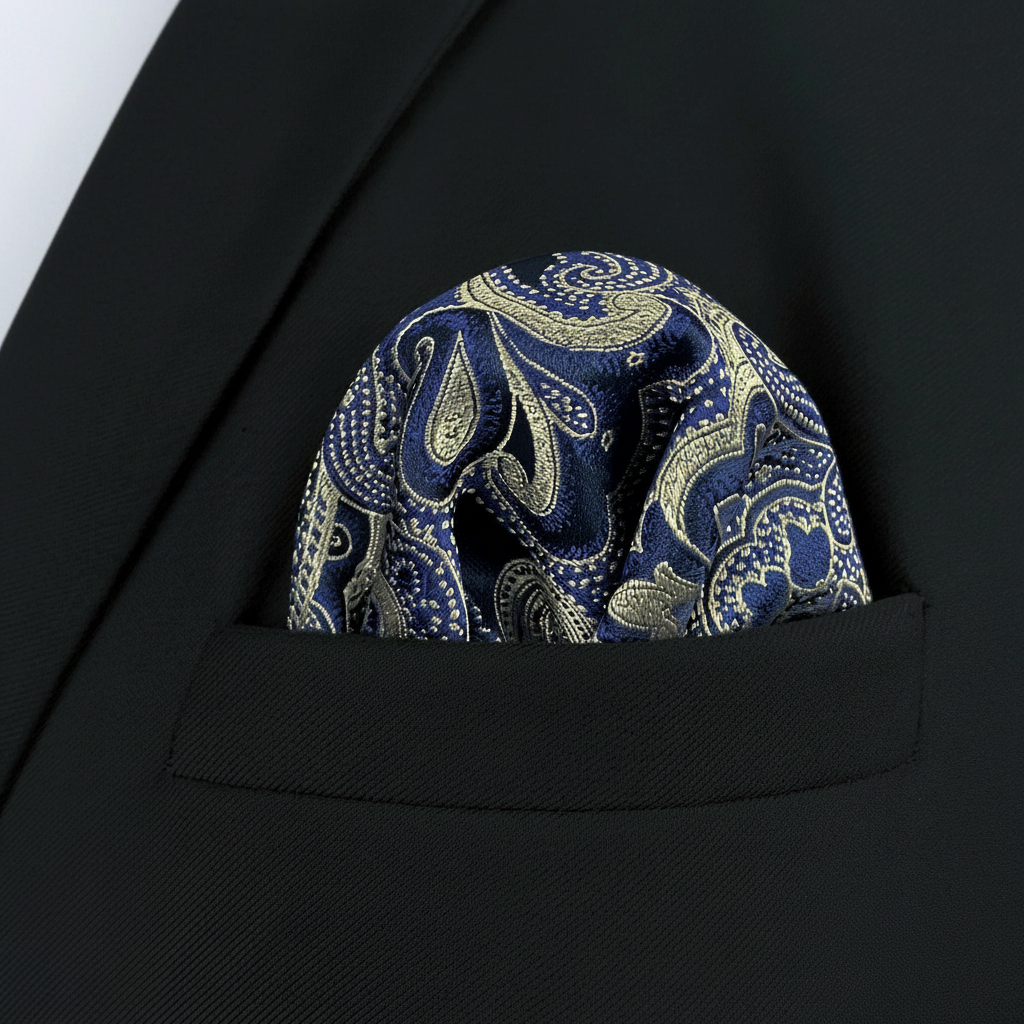 Pañuelo de Bolsillo Paisley Azul, llevado en el bolsillo de una chaqueta elegante