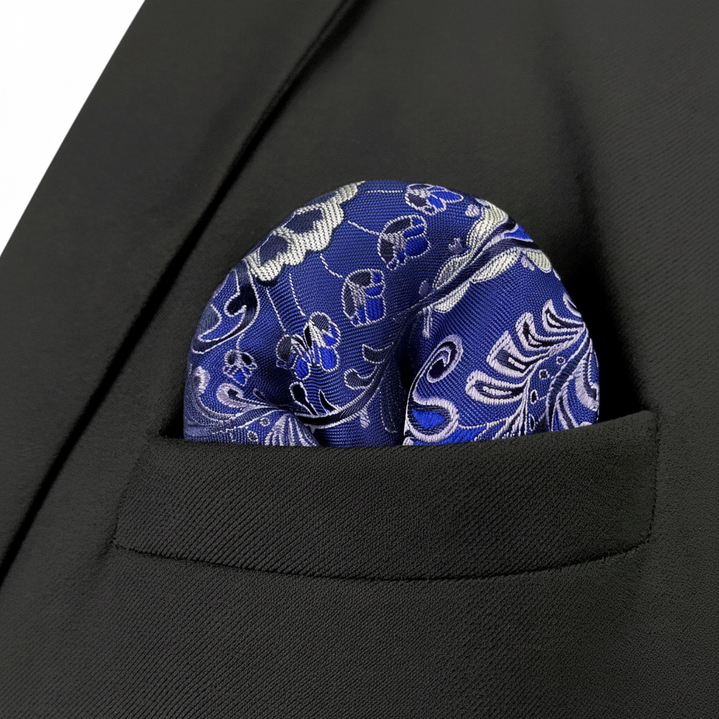 Pañuelo de Bolsillo Paisley Azul, llevado en el bolsillo de una chaqueta elegante