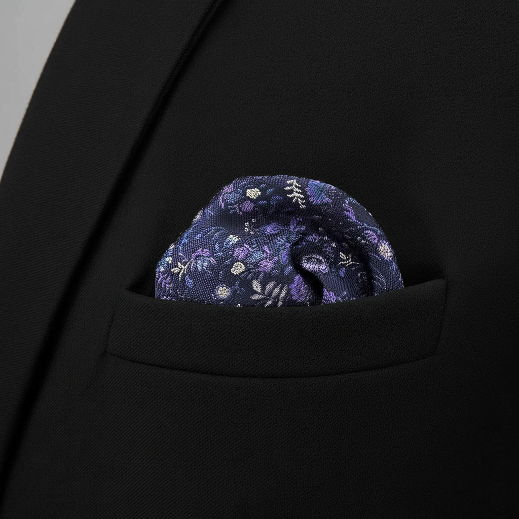 Pañuelo de Bolsillo Paisley Azul, llevado en el bolsillo de una chaqueta elegante