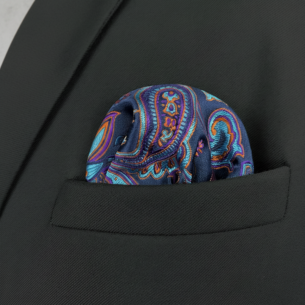 Pañuelo de Bolsillo Paisley Azul, llevado en el bolsillo de una chaqueta elegante