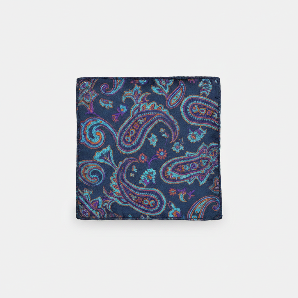 Pañuelo de Bolsillo Paisley Azul, presentado con luz suave y estilo cuidado con acabado cuidado