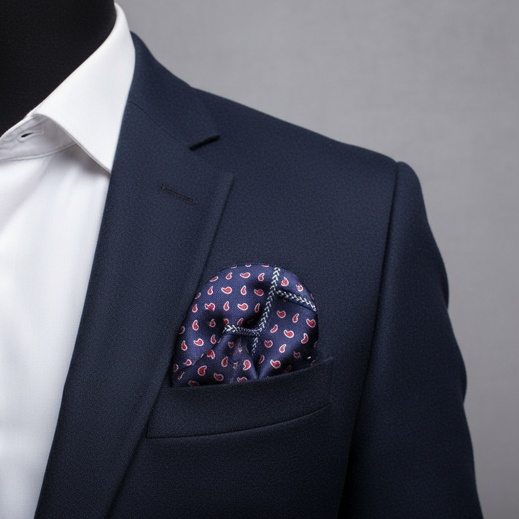 Pañuelo de Bolsillo Paisley Azul Marino y Rojo, llevado en el bolsillo de una chaqueta elegante