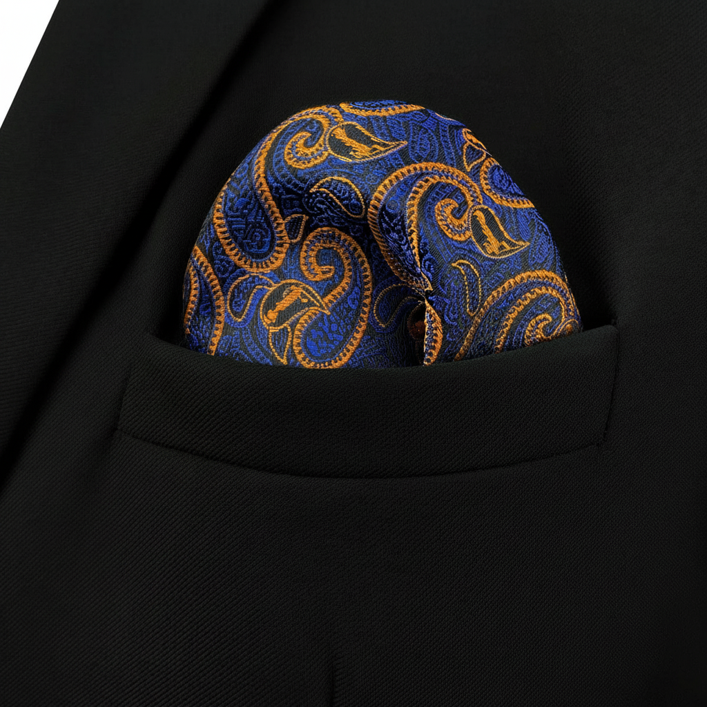 Pañuelo de Bolsillo Paisley Azul y Dorado, llevado en el bolsillo de una chaqueta elegante