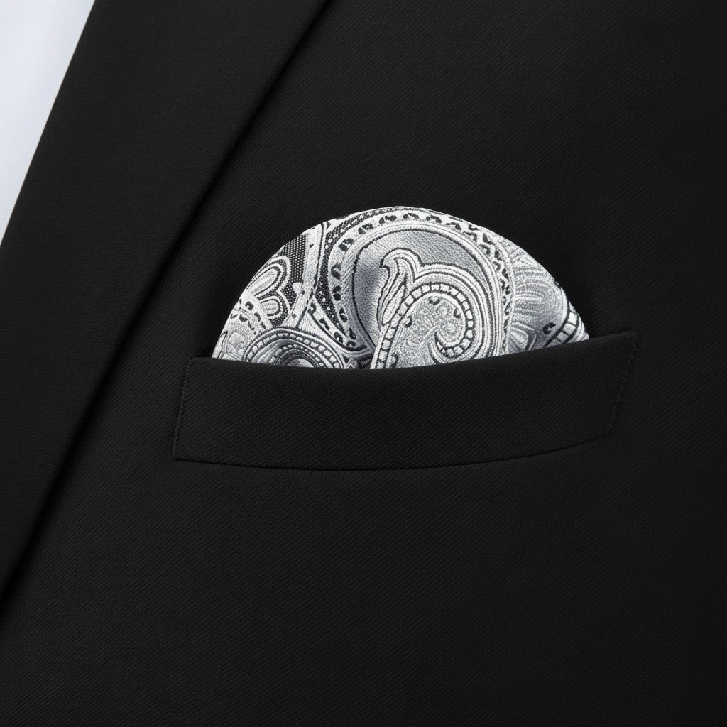 Pañuelo de Bolsillo Paisley Blanco, llevado en el bolsillo de una chaqueta elegante