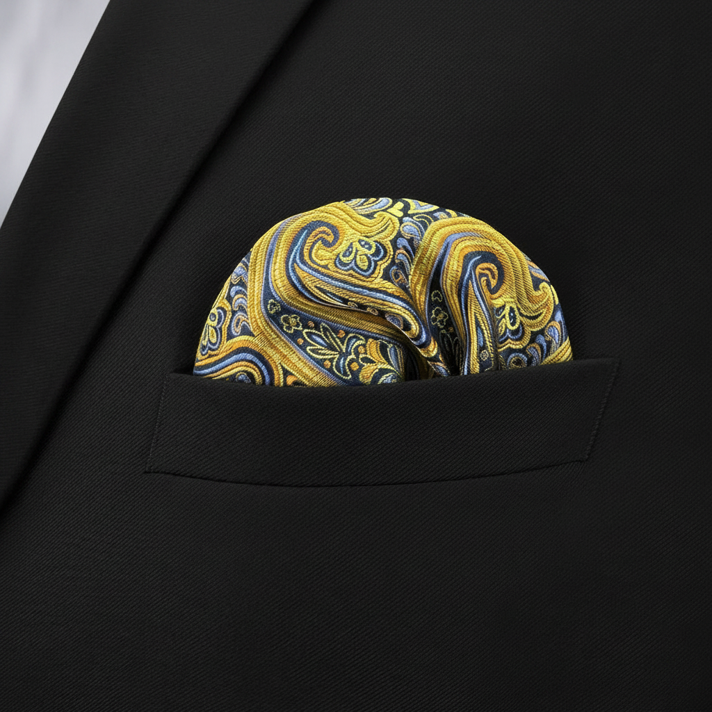 Pañuelo de Bolsillo Paisley Dorado, llevado en el bolsillo de una chaqueta elegante