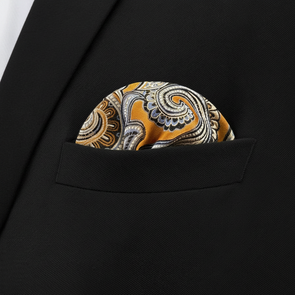 Pañuelo de Bolsillo Paisley Dorado, llevado en el bolsillo de una chaqueta elegante