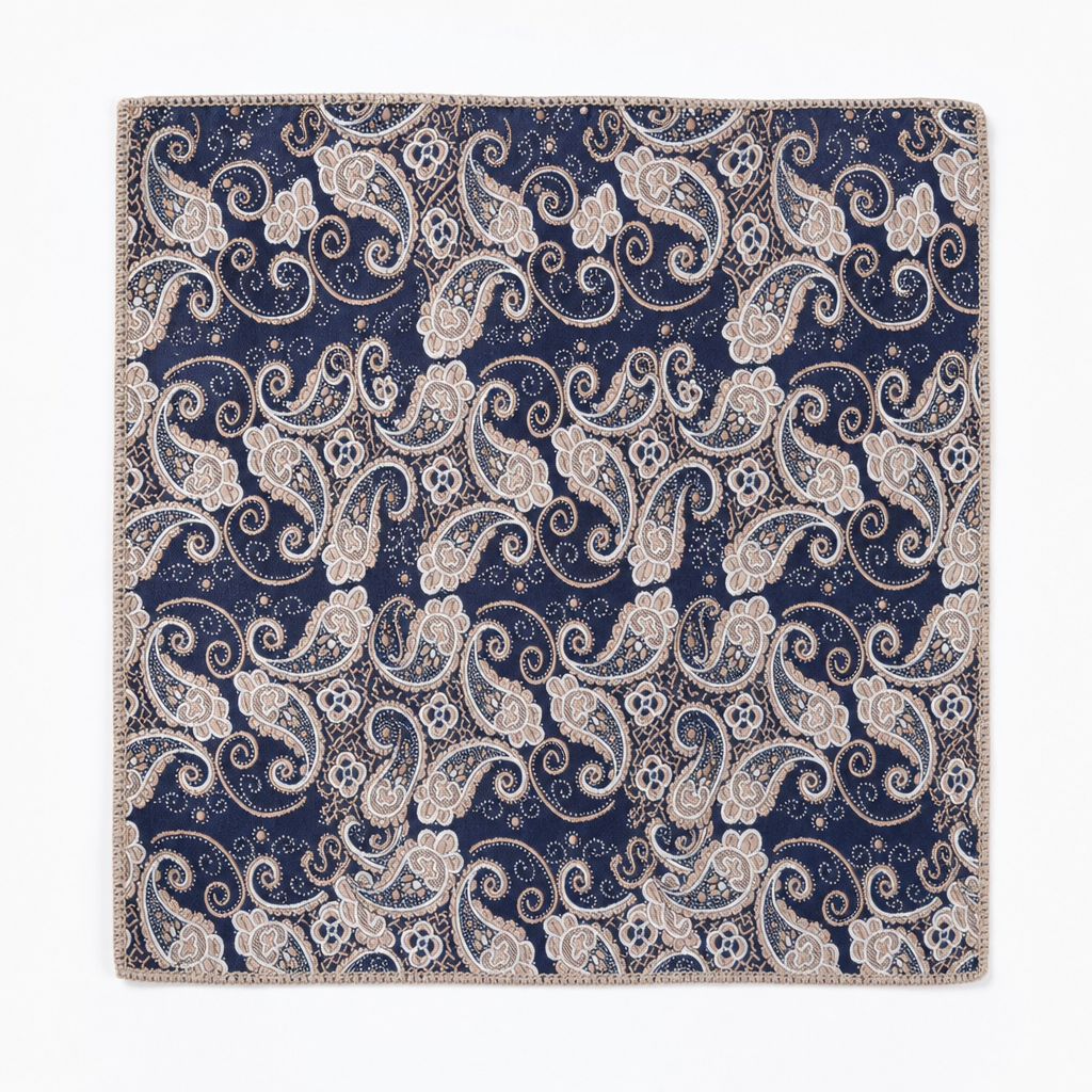 Pañuelo de Bolsillo Paisley Gris Azulado, llevado en el bolsillo de una chaqueta elegante con acabado cuidado
