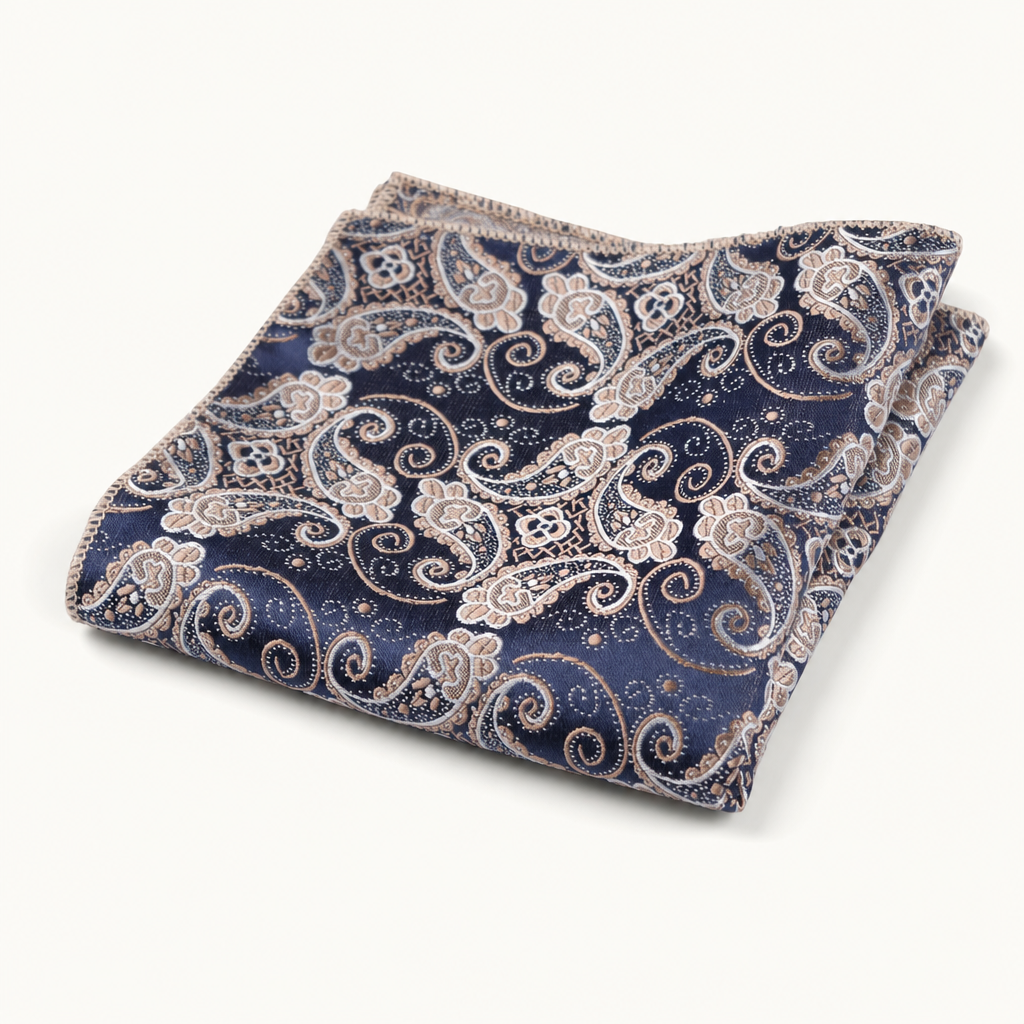 Pañuelo de Bolsillo Paisley Gris Azulado, presentado con luz suave y estilo cuidado
