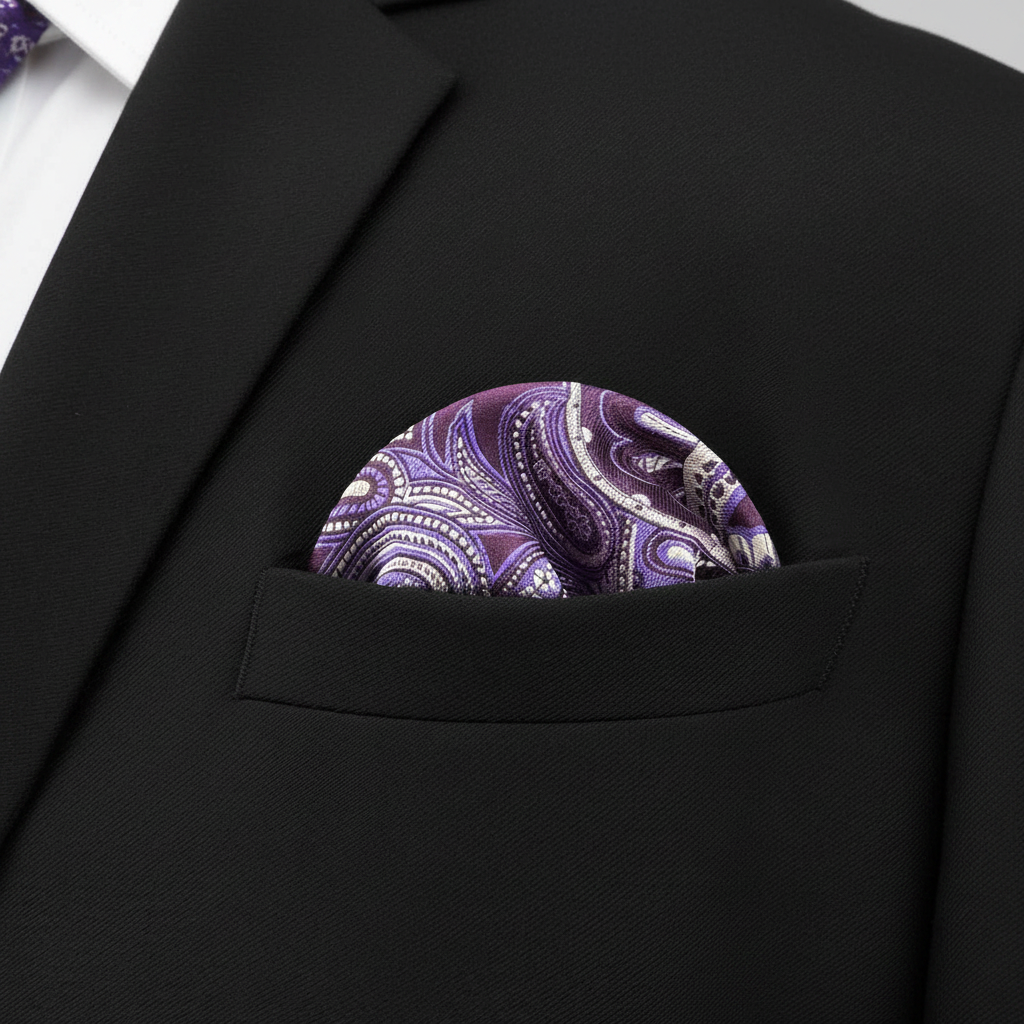 Pañuelo de Bolsillo Paisley Morado, llevado en el bolsillo de una chaqueta elegante