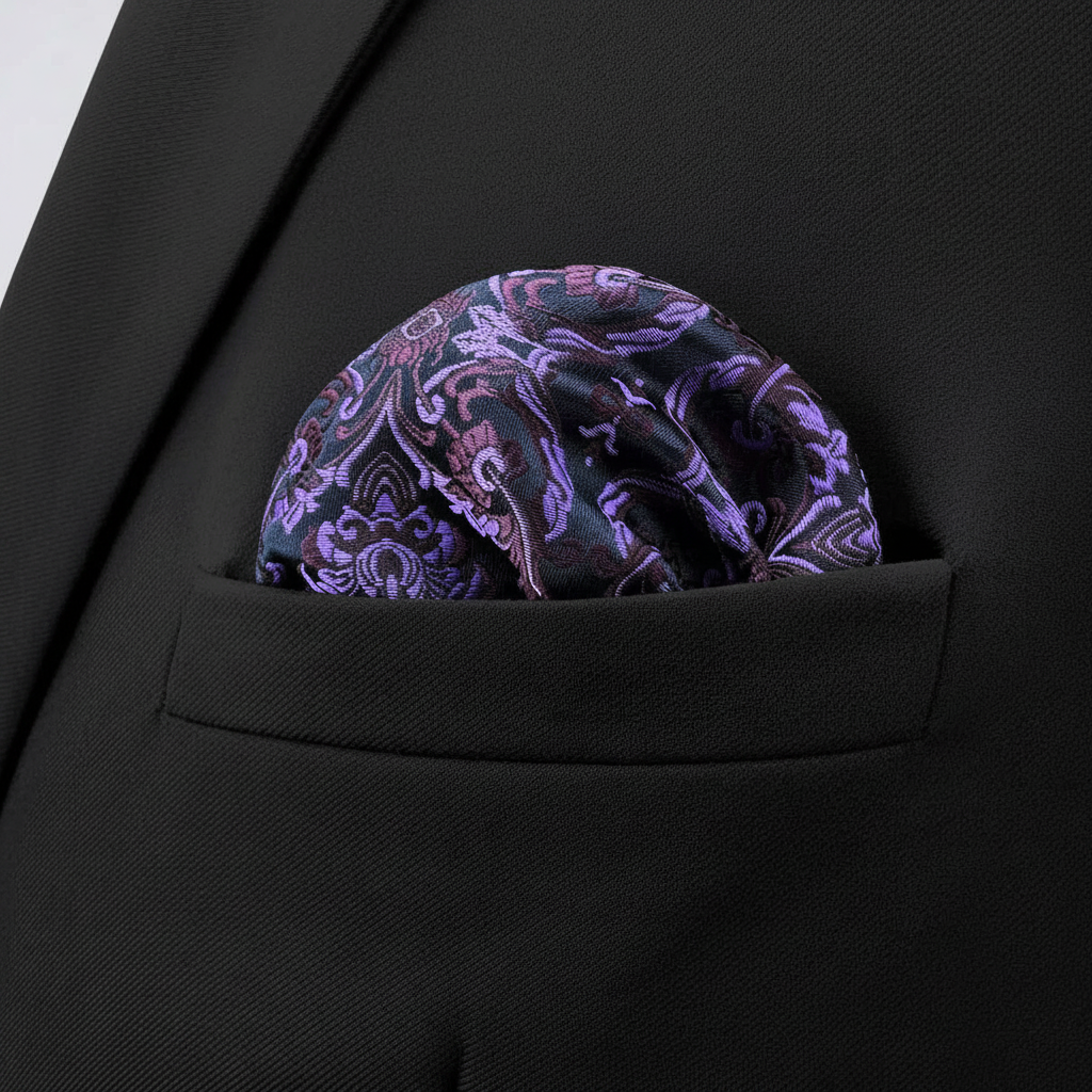 Pañuelo de Bolsillo Paisley Morado, llevado en el bolsillo de una chaqueta elegante