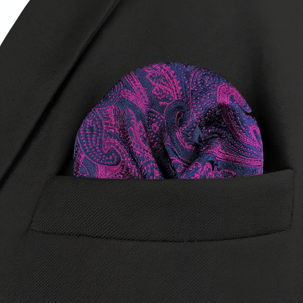 Pañuelo de Bolsillo Paisley Morado y Fucsia, llevado en el bolsillo de una chaqueta elegante