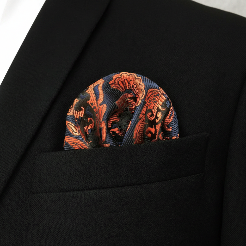 Pañuelo de Bolsillo Paisley Naranja, llevado en el bolsillo de una chaqueta elegante