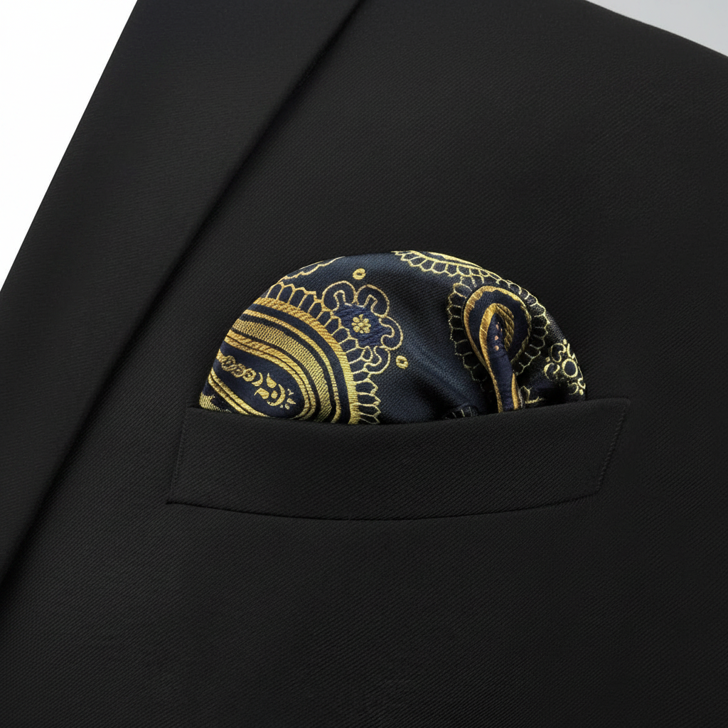 Pañuelo de Bolsillo Paisley Negro, llevado en el bolsillo de una chaqueta elegante
