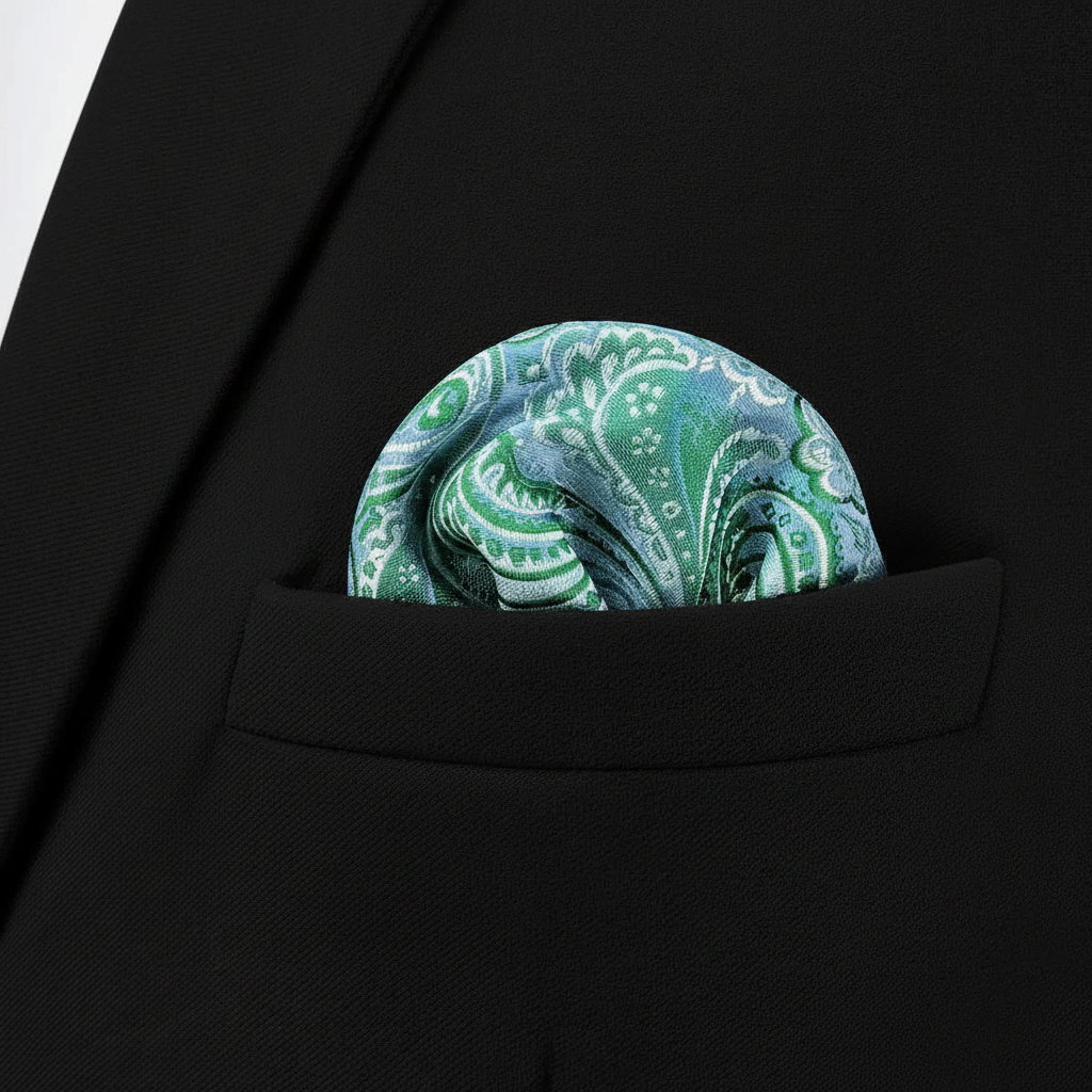 Pañuelo de Bolsillo Paisley Verde, llevado en el bolsillo de una chaqueta elegante