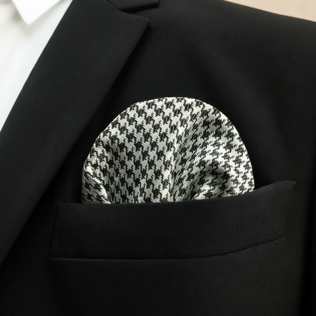 Pañuelo de Bolsillo Pata de Gallo Blanco, llevado en el bolsillo de una chaqueta elegante