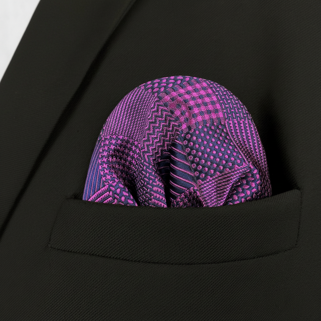 Pañuelo de Bolsillo Pata de Gallo Morado, llevado en el bolsillo de una chaqueta elegante