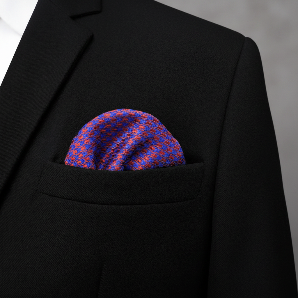 Pañuelo de Bolsillo Rayas Morado, llevado en el bolsillo de una chaqueta elegante