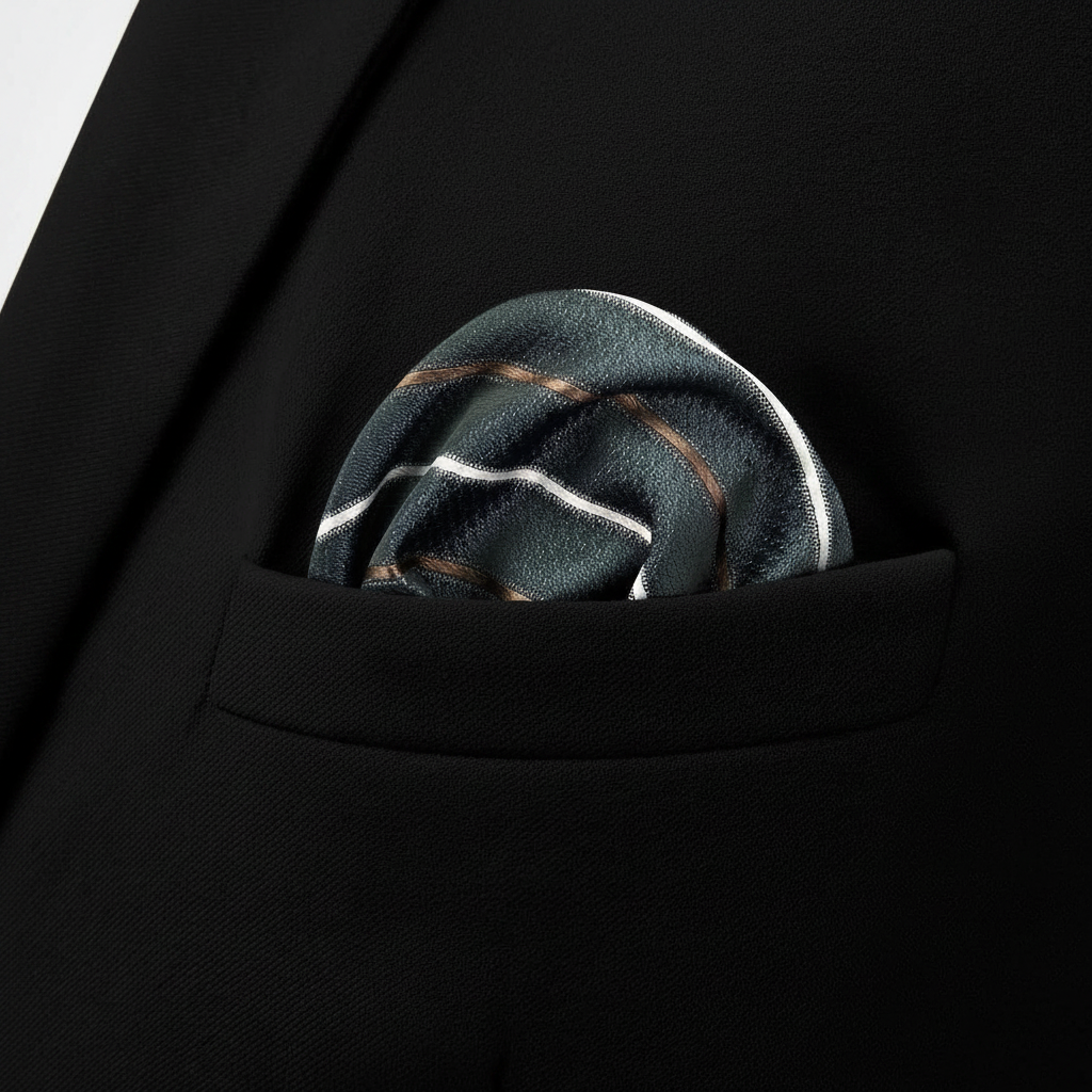 Pañuelo de Bolsillo Rayas Negro, llevado en el bolsillo de una chaqueta elegante