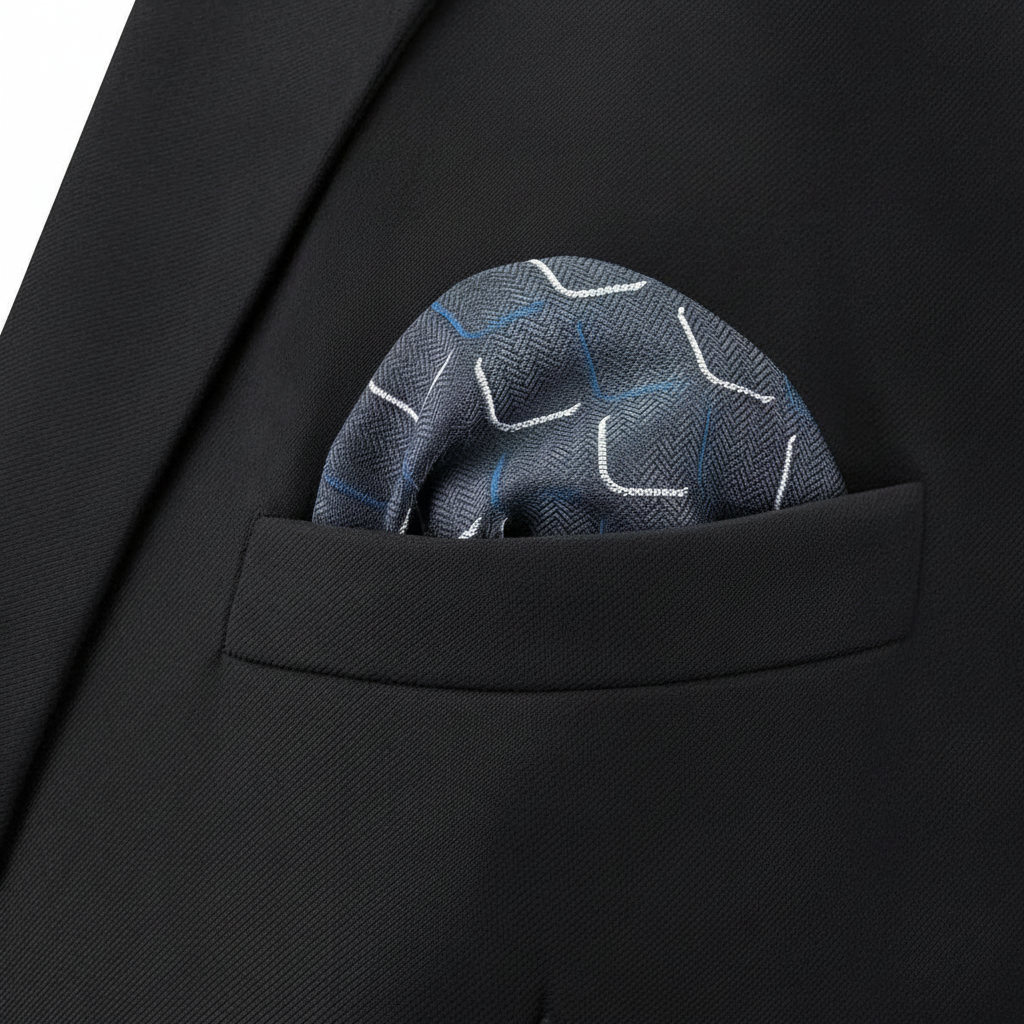 Pañuelo de Bolsillo Rayas Negro, llevado en el bolsillo de una chaqueta elegante