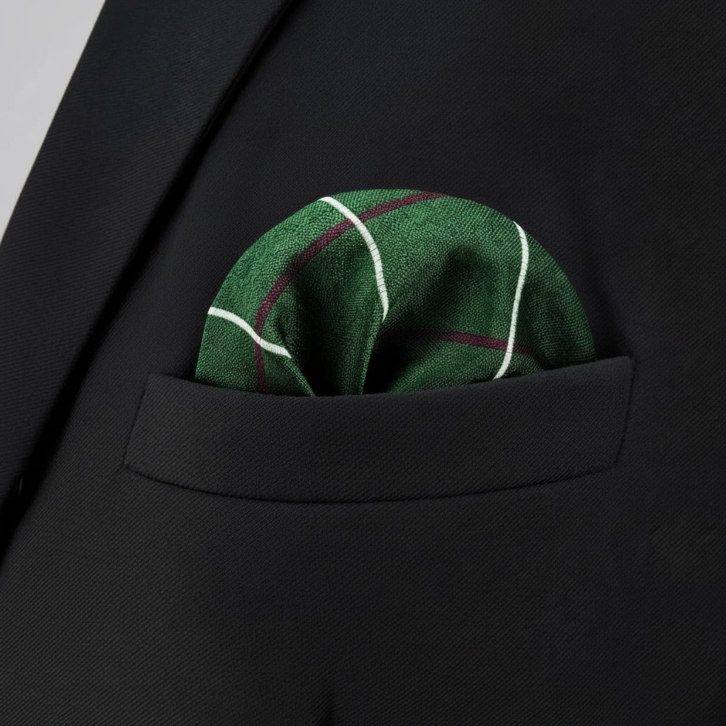 Pañuelo de Bolsillo Rayas Verde, llevado en el bolsillo de una chaqueta elegante