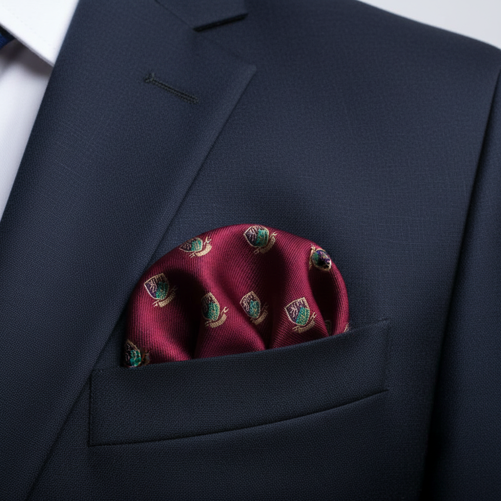 Pañuelo de Bolsillo Rojo, llevado en el bolsillo de una chaqueta elegante con acabado cuidado