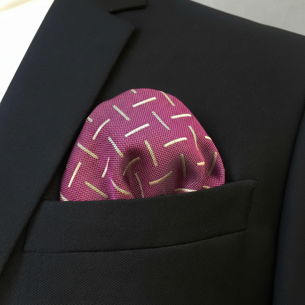 Pañuelo de Bolsillo Rosa, llevado en el bolsillo de una chaqueta elegante con acabado cuidado