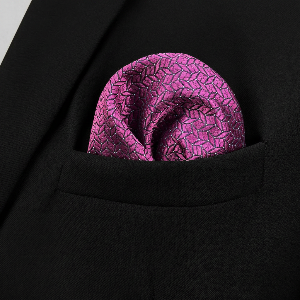 Pañuelo de Bolsillo Rosa, llevado en el bolsillo de una chaqueta elegante con acabado cuidado