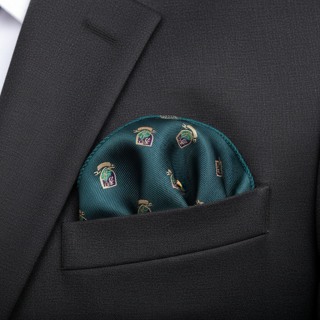 Pañuelo de Bolsillo Verde, llevado en el bolsillo de una chaqueta elegante con acabado cuidado
