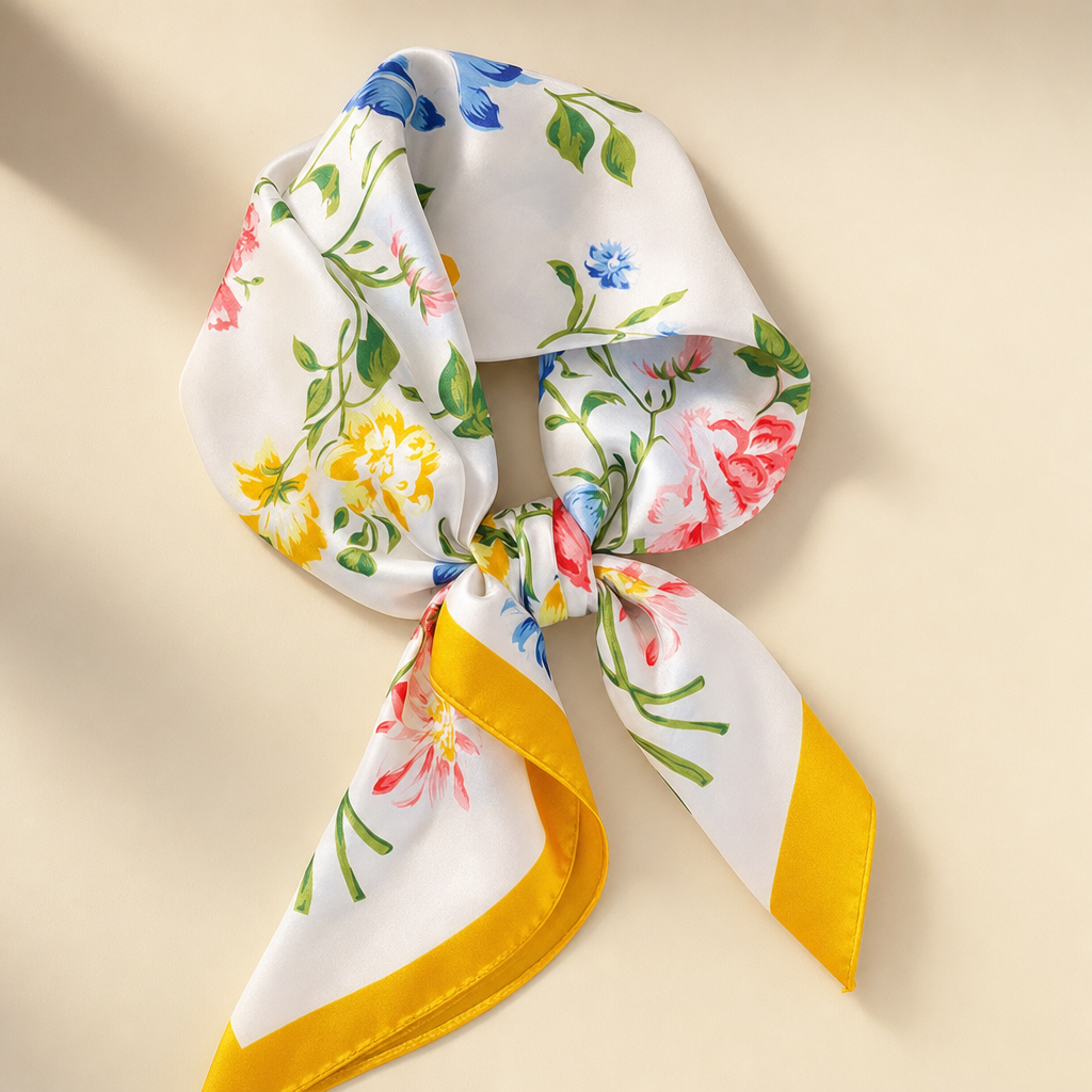 Pañuelo Floral Amarillo, presentado con luz suave y estilo cuidado con acabado cuidado