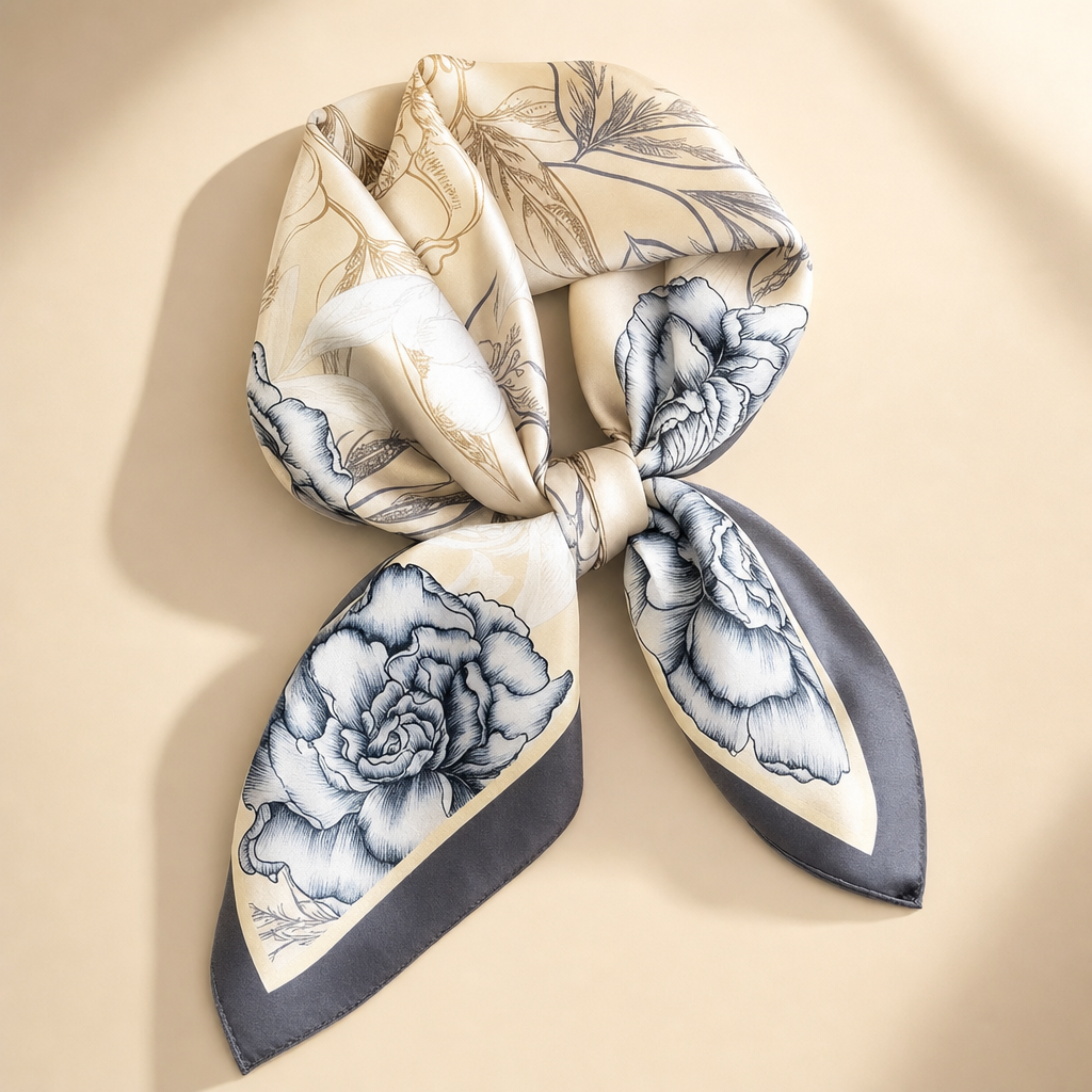 Pañuelo Floral Crema con Borde Negro, presentado con luz suave y estilo cuidado con estilo natural y refinado