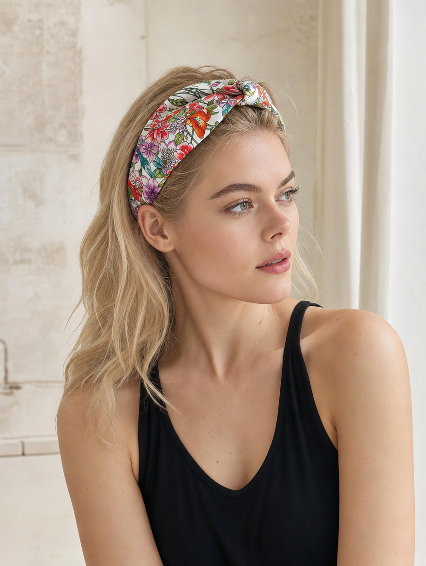 Pañuelo Floral Multicolor, usado en el cabello con aire mediterráneo y acabado cuidado
