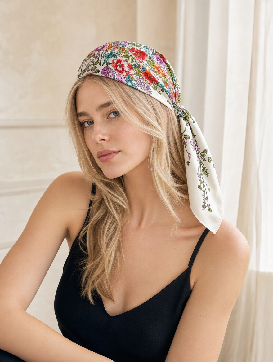 Pañuelo Floral Multicolor, llevado en la cabeza con estilo sofisticado y natural con acabado cuidado