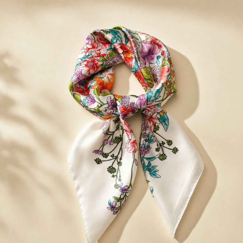 Pañuelo Floral Multicolor, presentado con luz suave y estilo cuidado con acabado cuidado