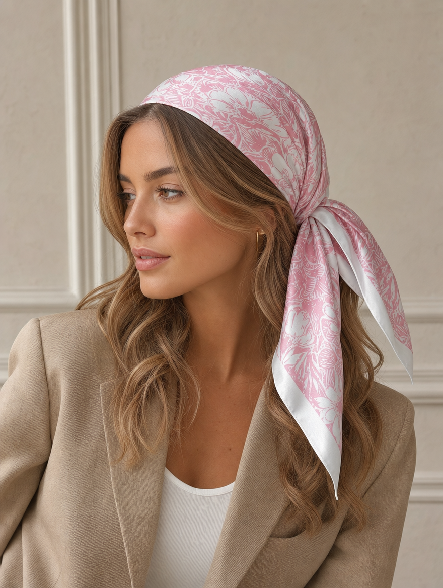 Pañuelo Floral Rosa y Blanco, llevado en la cabeza con estilo sofisticado y natural con acabado cuidado