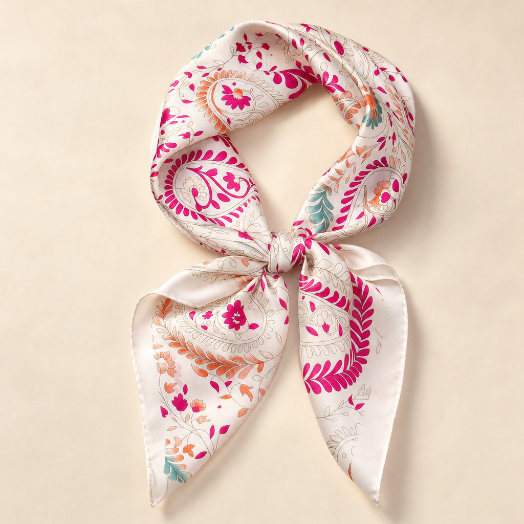 Pañuelo Marfil con Flores y Paisley Fucsia, presentado con luz suave y estilo cuidado