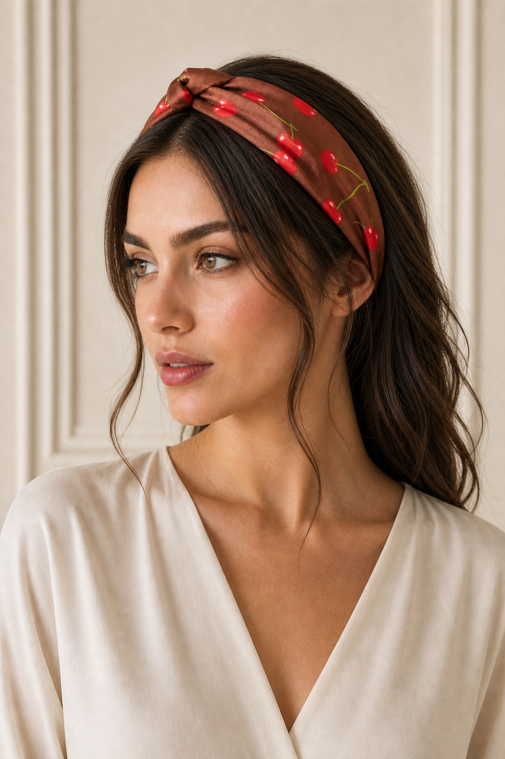 Pañuelo Marrón con Cerezas Rojas, usado en el cabello con aire mediterráneo y acabado cuidado