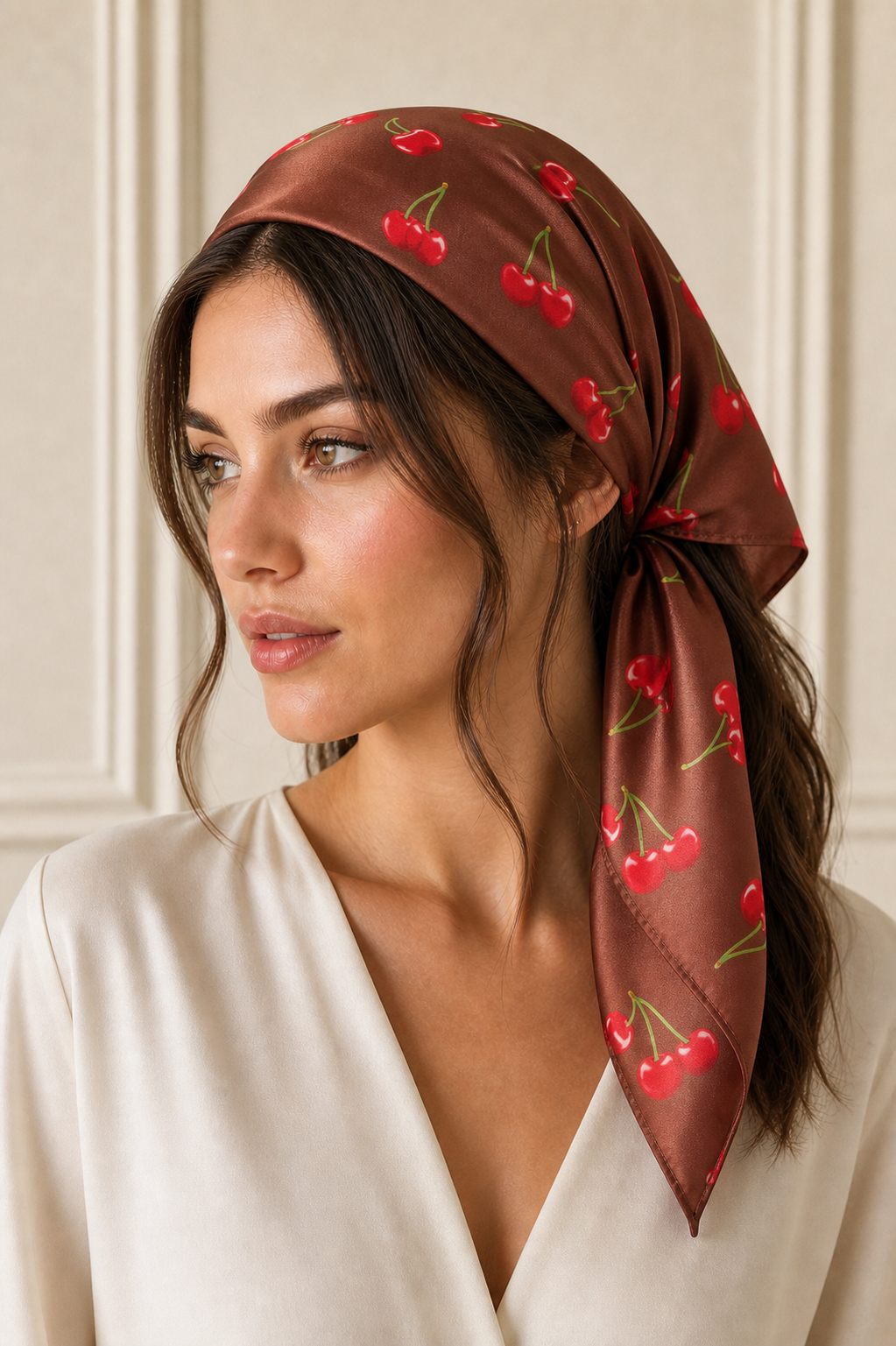 Pañuelo Marrón con Cerezas Rojas, llevado en la cabeza con estilo sofisticado y natural con acabado cuidado