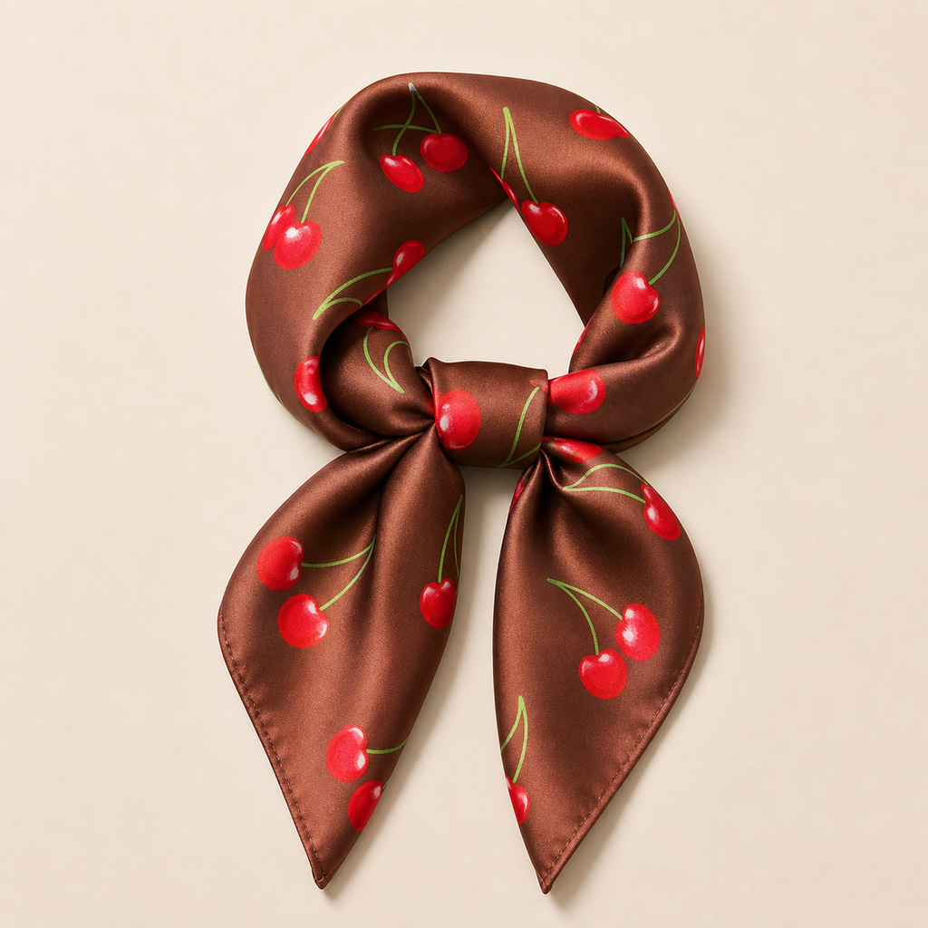 Pañuelo Marrón con Cerezas Rojas, con una presentación cuidada y estilo elegante