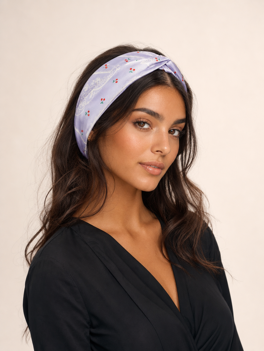 Pañuelo Morado con Cerezas y Motivos Paisley, usado en el cabello con aire mediterráneo