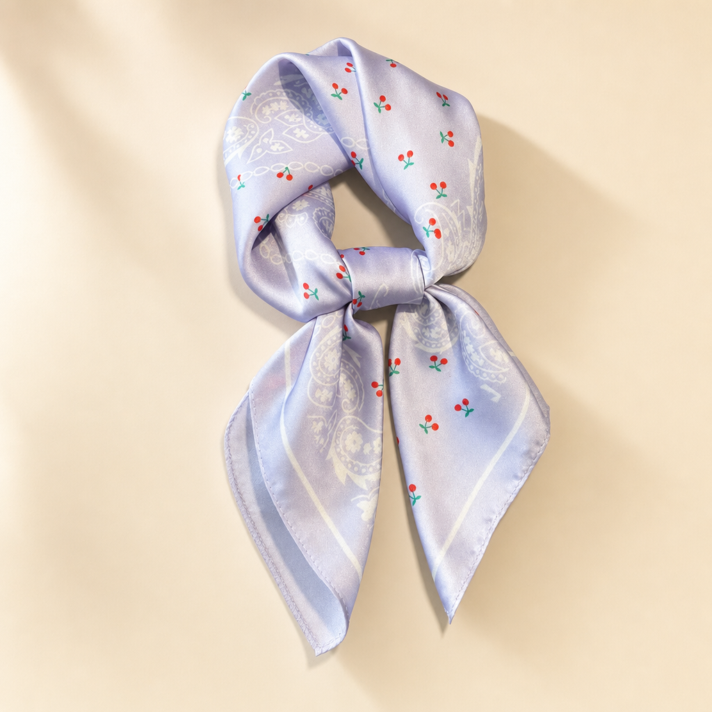 Pañuelo Morado con Cerezas y Motivos Paisley, presentado con luz suave y estilo cuidado