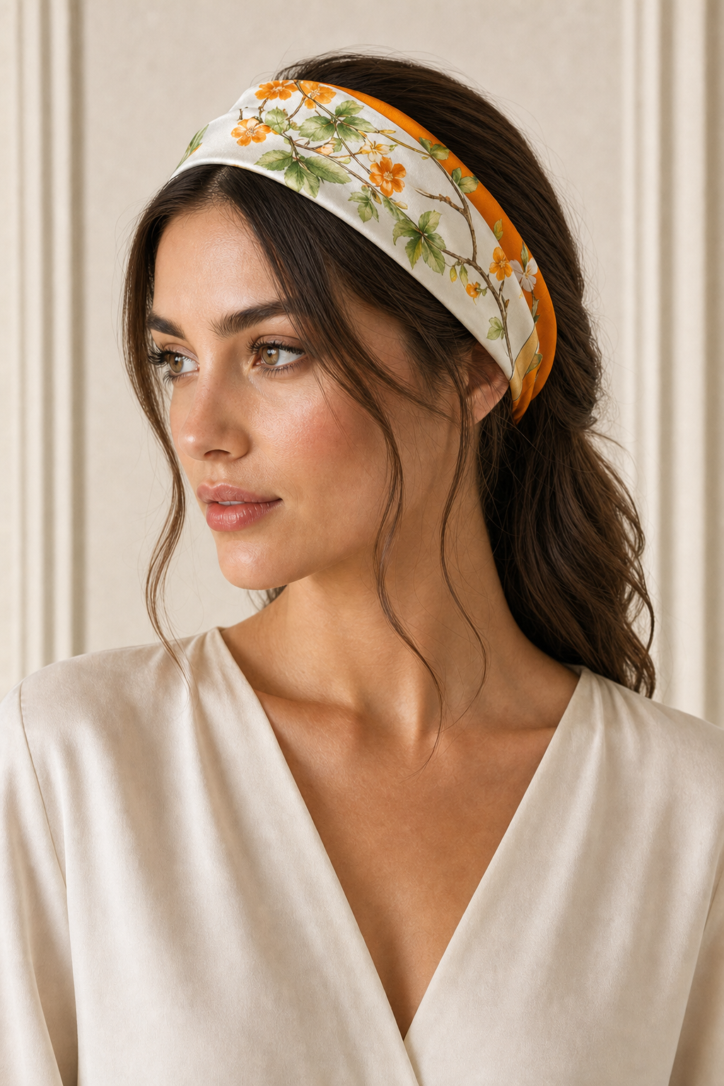 Pañuelo Naranja con Estampado Botánico, usado en el cabello con aire mediterráneo