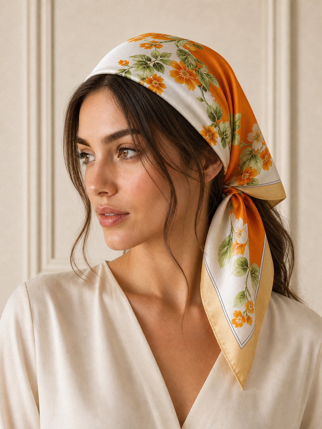 Pañuelo Naranja con Estampado Botánico, llevado en la cabeza con estilo sofisticado y natural